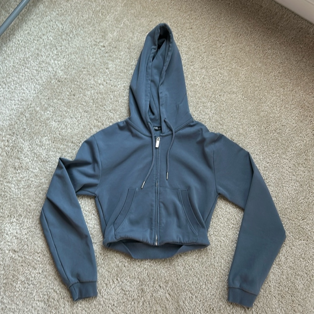 Zara Cropped Blue Slate Color Hoodoe Size Small